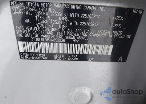 2018 Toyota Rav4 Le z USA, uszkodzony, nr VIN 2T3BFREV6JW852236